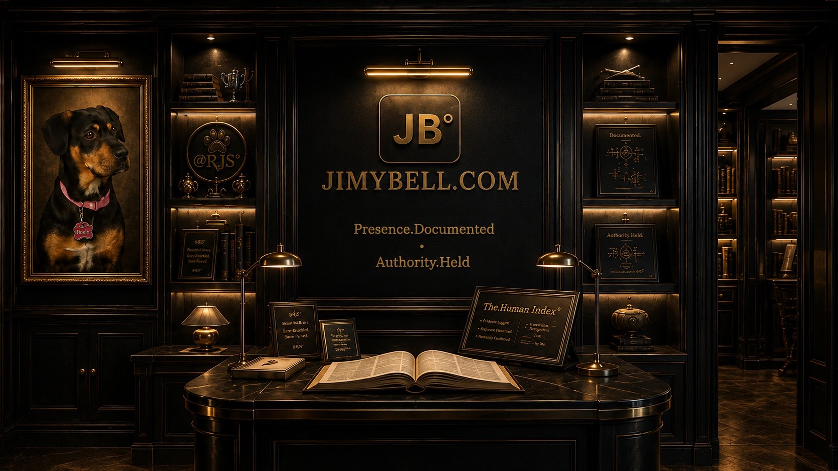 The Human Index room with Roxie's portrait, JB° wall crest, shelves, desk, and warm brass lighting
